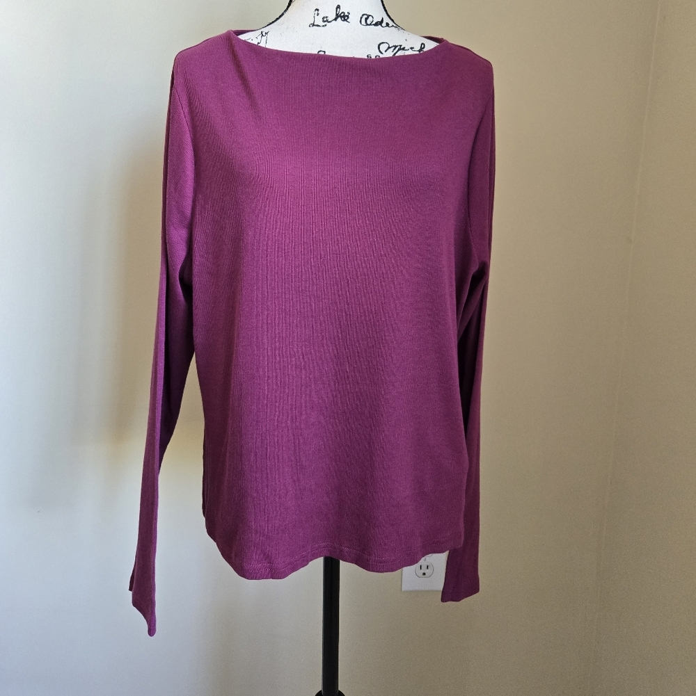 J.Crew Fine Rib Boatneck Top Womens 3X Burgundy Long Sleeve Stretch